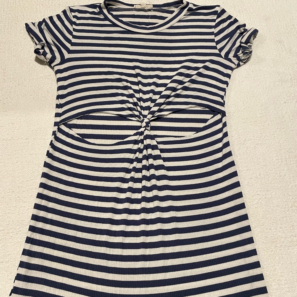Fitted Navy Blue and White Stripped Cut Out Midi Dress